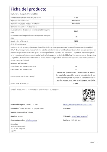 Aspes Aire Acondicionado Portátil, 9000 BTU. AAAP900F. Solo frío, Display LED Táctil, Temporizador, Mando a Distancia, Kit instalación ventana incluido, Clasificación Energética A