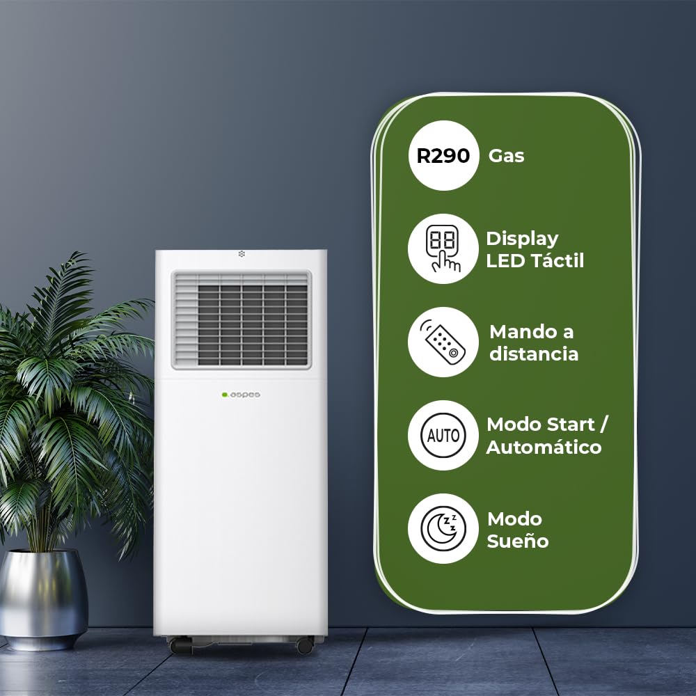 Aspes Aire Acondicionado Portátil, 9000 BTU. AAAP900F. Solo frío, Display LED Táctil, Temporizador, Mando a Distancia, Kit instalación ventana incluido, Clasificación Energética A