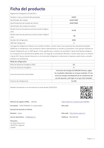 Aspes Aire Acondicionado Portátil, 12000 BTU. AAAP1200F. Solo frío, Display LED manual, Temporizador, Mando a Distancia, Kit instalación ventana incluido, Clasificación Energética A
