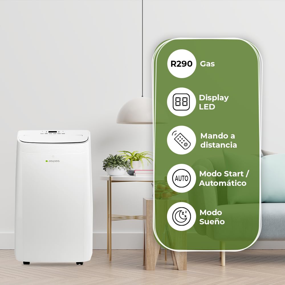 Aspes Aire Acondicionado Portátil, 12000 BTU. AAAP1200F. Solo frío, Display LED manual, Temporizador, Mando a Distancia, Kit instalación ventana incluido, Clasificación Energética A