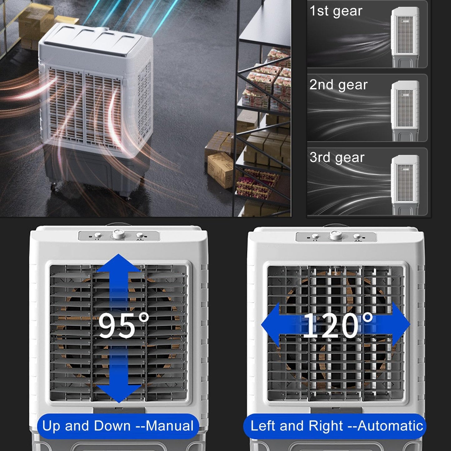 Swamp Cooler - Enfriador de aire evaporativo con 3 velocidades y oscilación de 120°, portátil, para interiores y exteriores, patio, garaje
